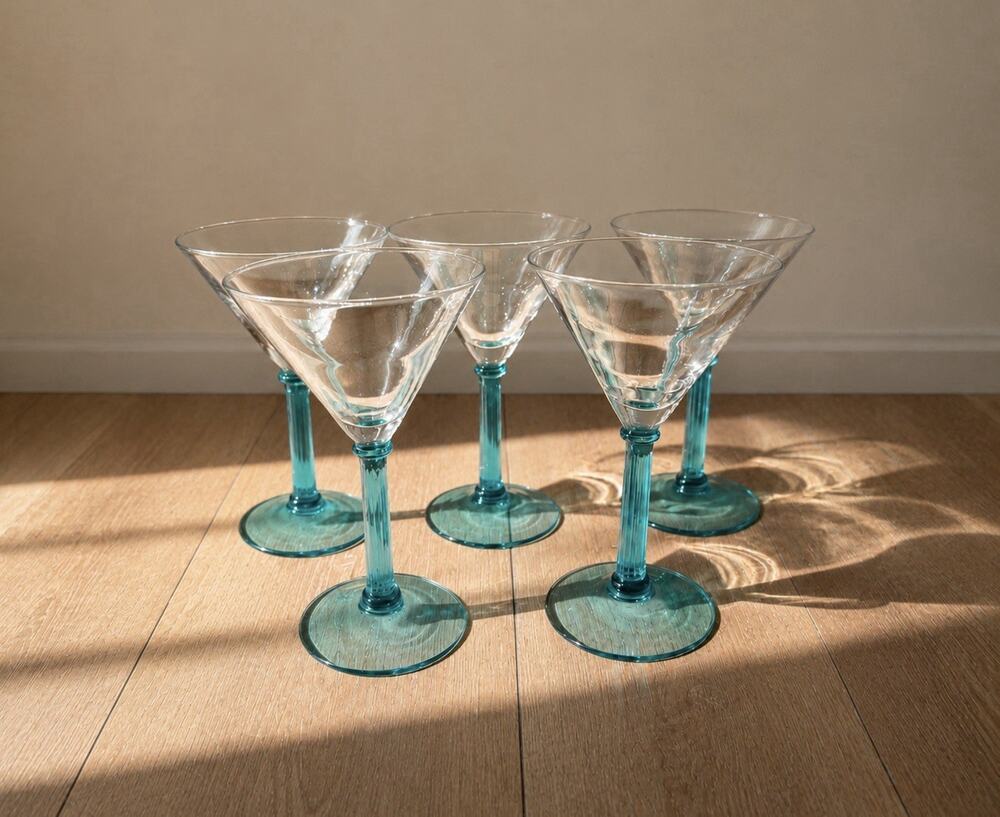 Vintage Luminarc France Martini Glasses Aqua Teal Ribbed Stem 6” Set Of 5 1980’s